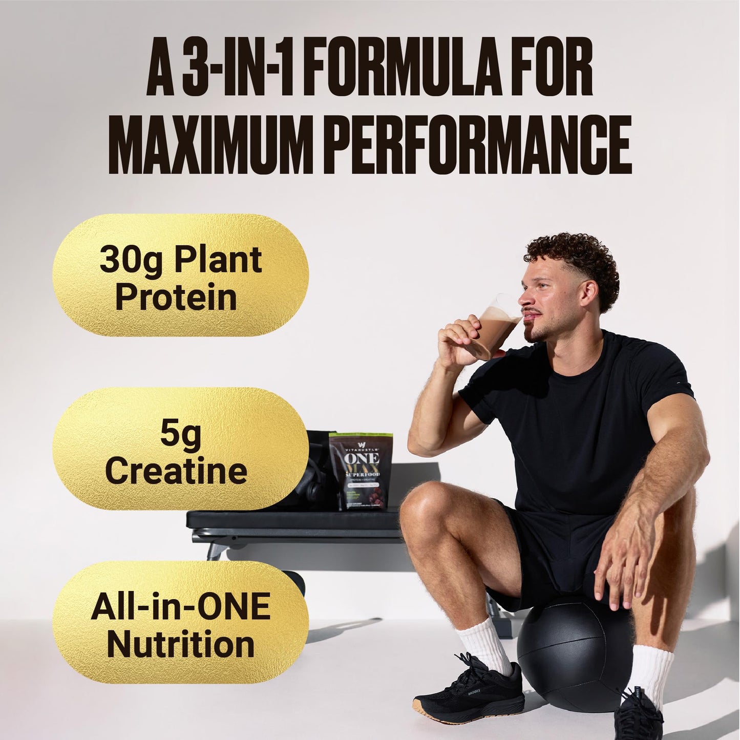 VitaHustle ONE Max 30g Protein + 5g Creatine, 30g Plant Protein Powder, All-in-One Meal Replacement Shake, Greens, Adaptogens, Ashwagandha, Probiotics