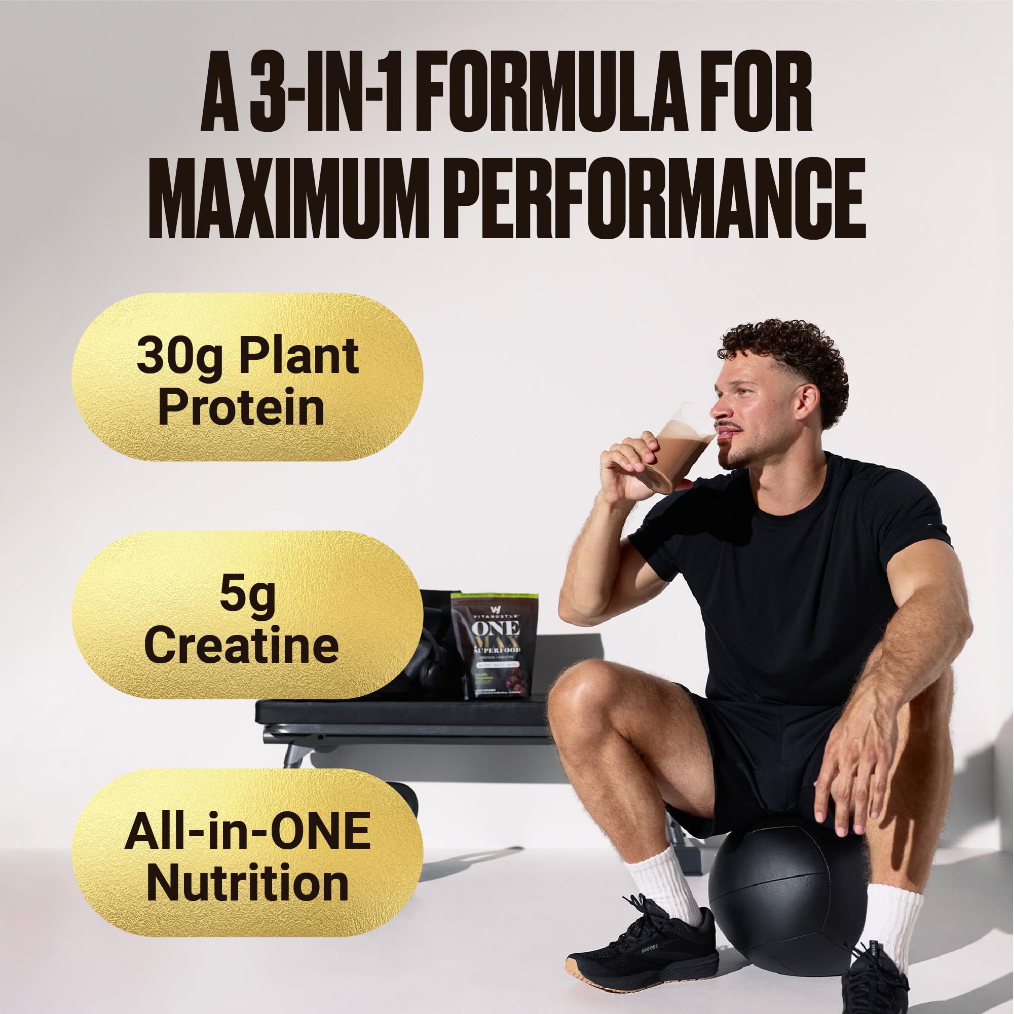 VitaHustle ONE Max 30g Protein + 5g Creatine, 30g Plant Protein Powder, All-in-One Meal Replacement Shake, Greens, Adaptogens, Ashwagandha, Probiotics