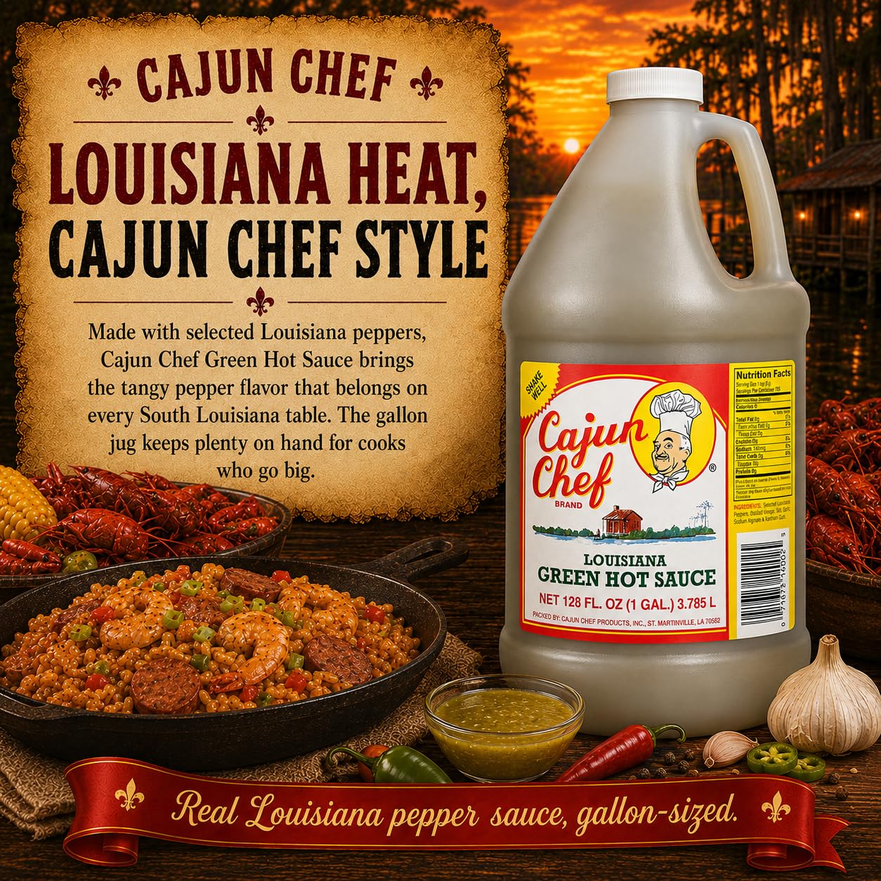Cajun Chef Green Louisiana Hot Sauce 128 oz, 1 Gallon Mild Green Cayenne Pepper Sauce Made with Louisiana Peppers, Cajun Style Hot Sauce for Gumbo