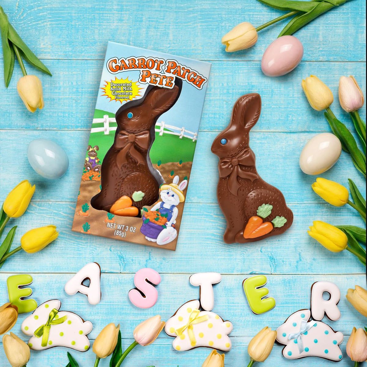 Easter Solid Milk Chocolate Bunny - Decorated Solid Chocolate Bunny with Candy Accents, Fun Easter Candy for Baskets, Egg Hunts & Gifts (3 oz)