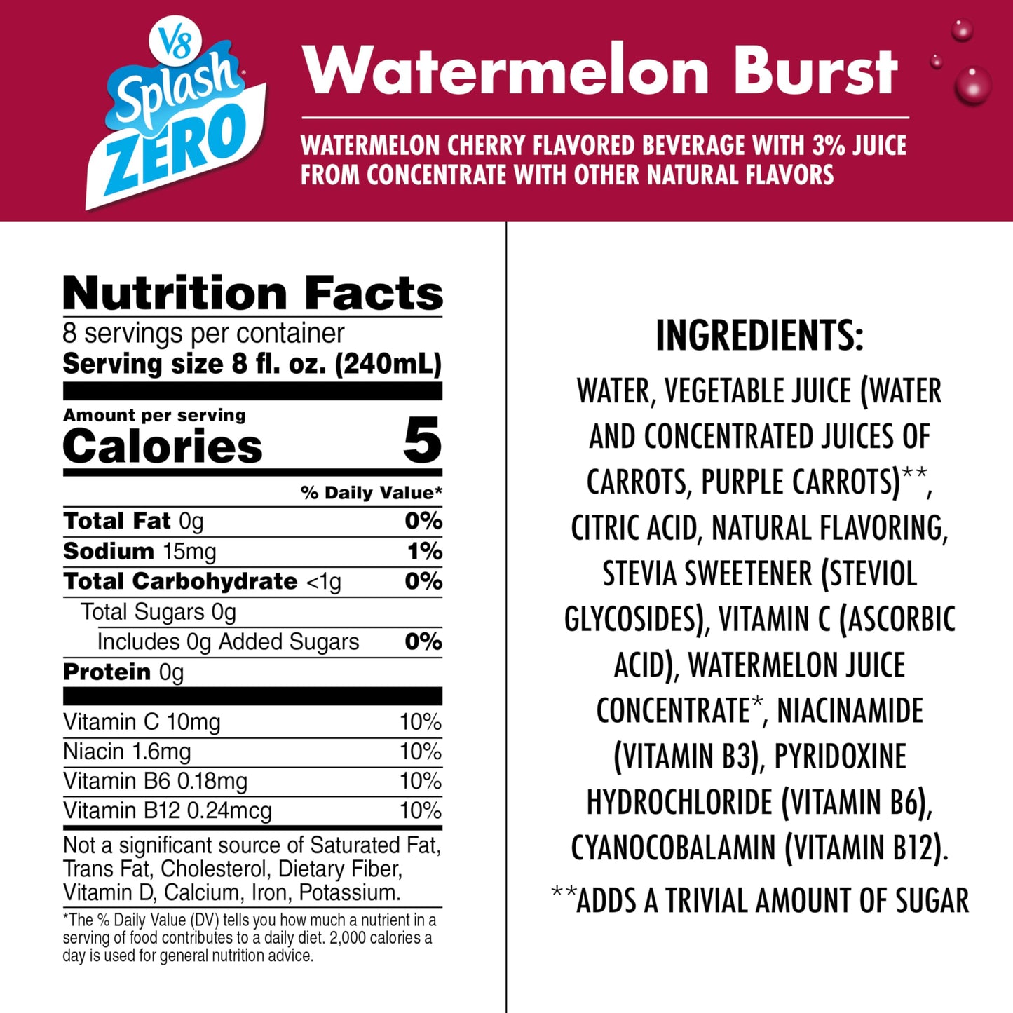 V8 Splash Zero Sugar Watermelon Burst Flavored Beverage, 64 fl oz Bottle