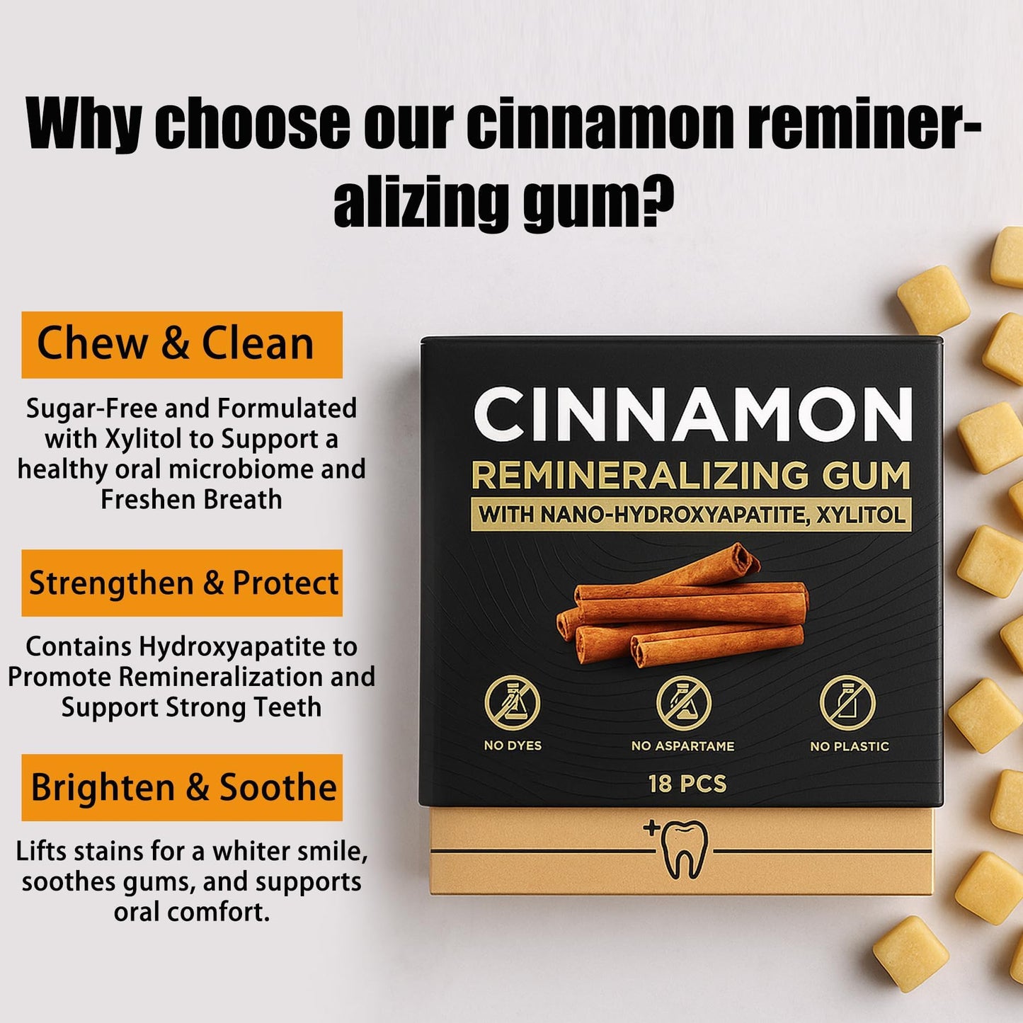Cinnamon Remineralizing Gum with Nano Hydroxyapatite, Sugar-Free Xylitol and Tree Sap Blend for Daily Oral Freshness, Chewing Gum for Advanced Enamel