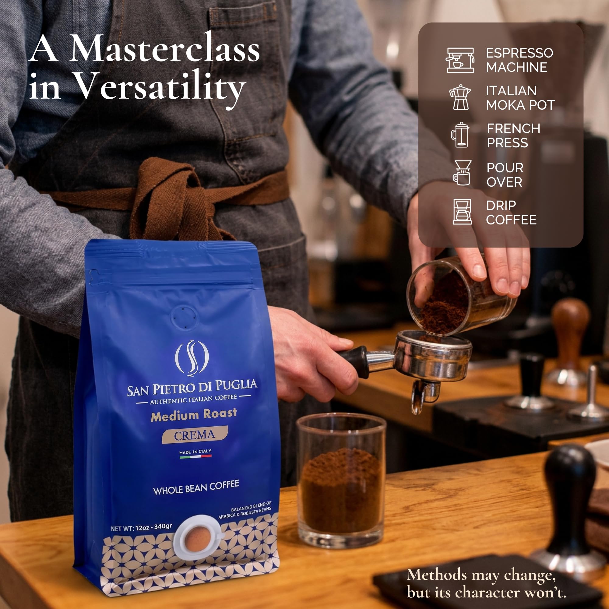 Whole Bean Coffee Medium Roast, Super Crema Arabica and Robusta Blend, Low Acid, Bold & Nutty Flavor, 12oz Bag, Fresh Artisan Roast from Puglia