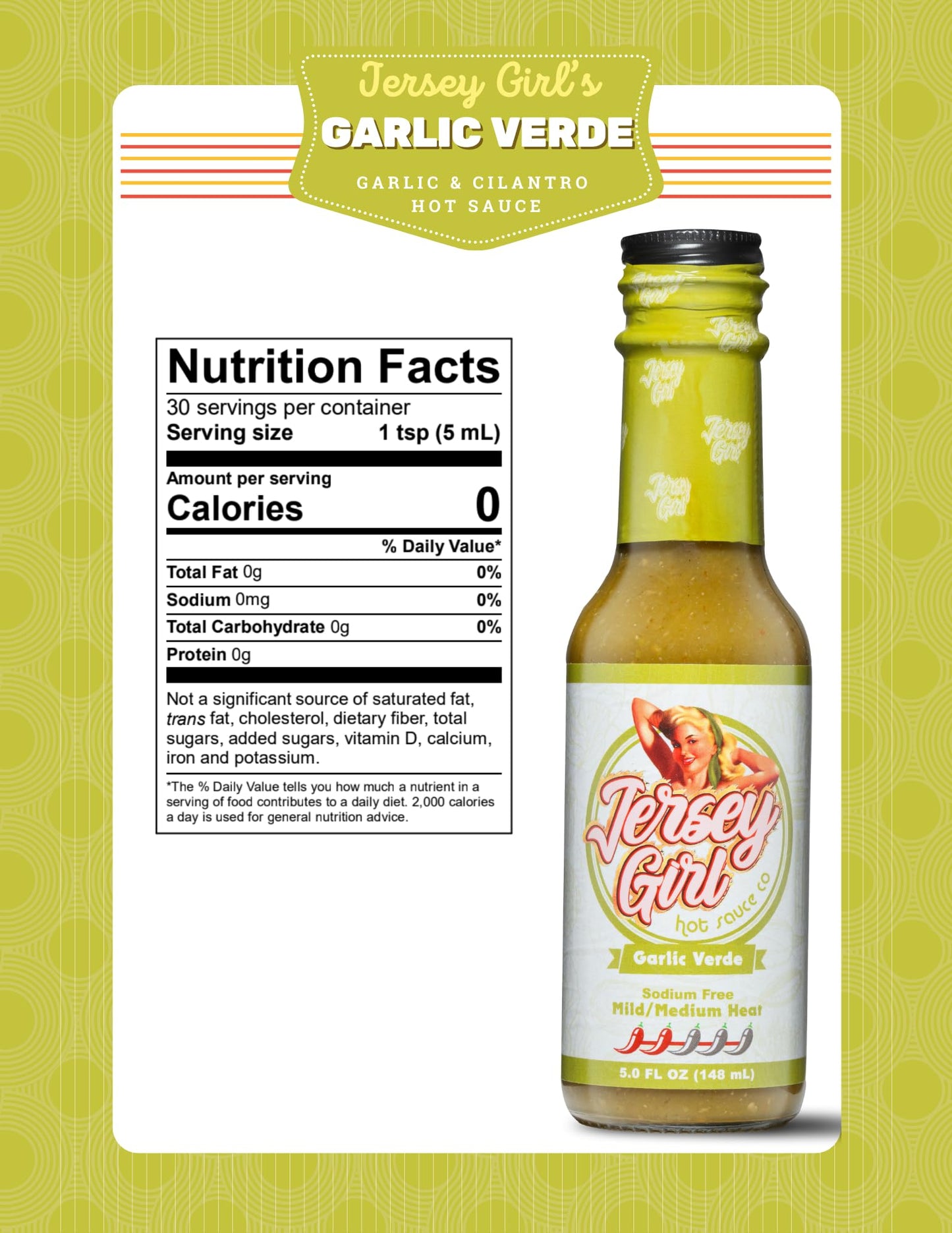 Jersey Girl Hot Sauce - Garlic Verde - No Added Salt - Naturally Sodium Free - All-Natural Healthy Ingredients with Hand-Picked Habaneros & Jalapeno