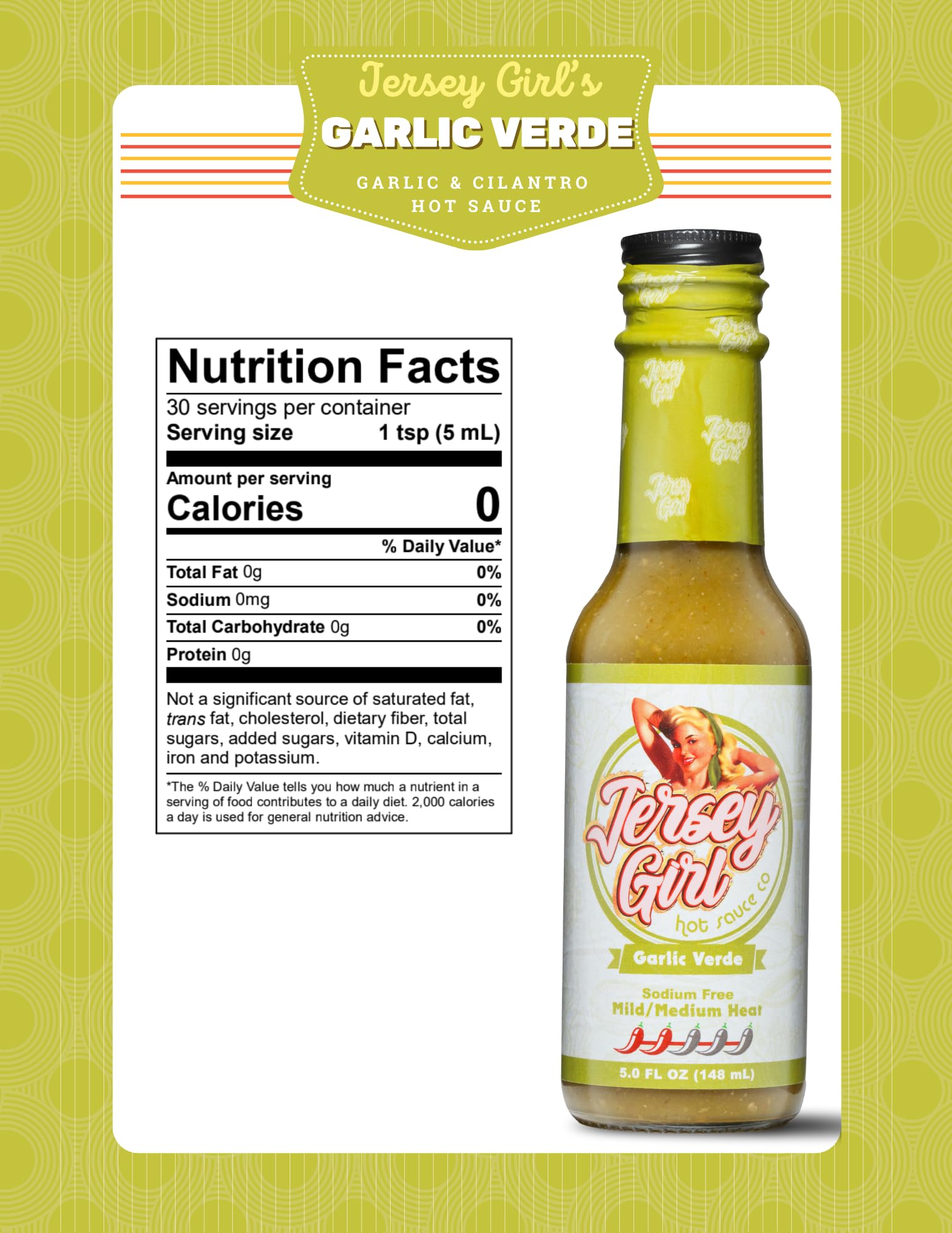 Jersey Girl Hot Sauce - Garlic Verde - No Added Salt - Naturally Sodium Free - All-Natural Healthy Ingredients with Hand-Picked Habaneros & Jalapeno