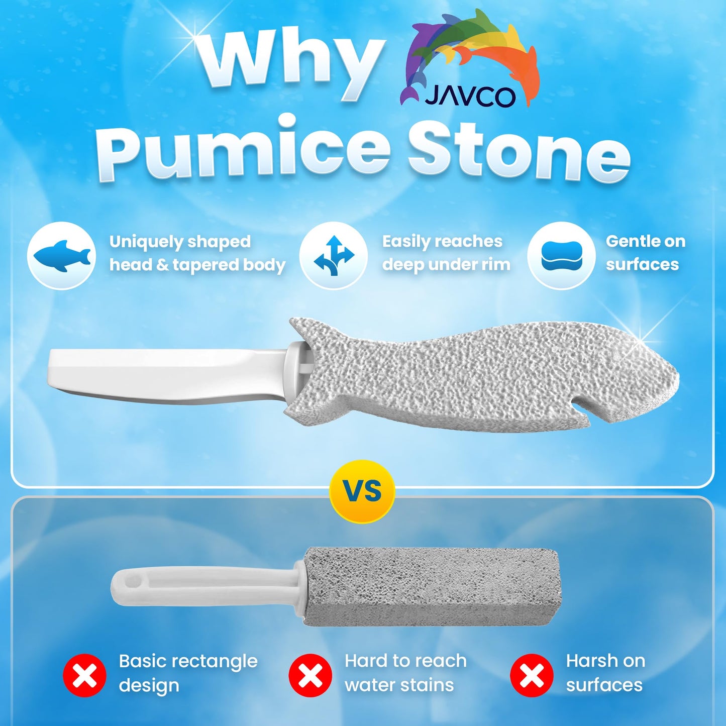 JAVCO Pumice Stone for Cleaning with Handle (2 Pack) - Scrubbing Stone for Porcelain, Ceramic and Tile, Pumiceshark for Toilet Cleaning (2, small