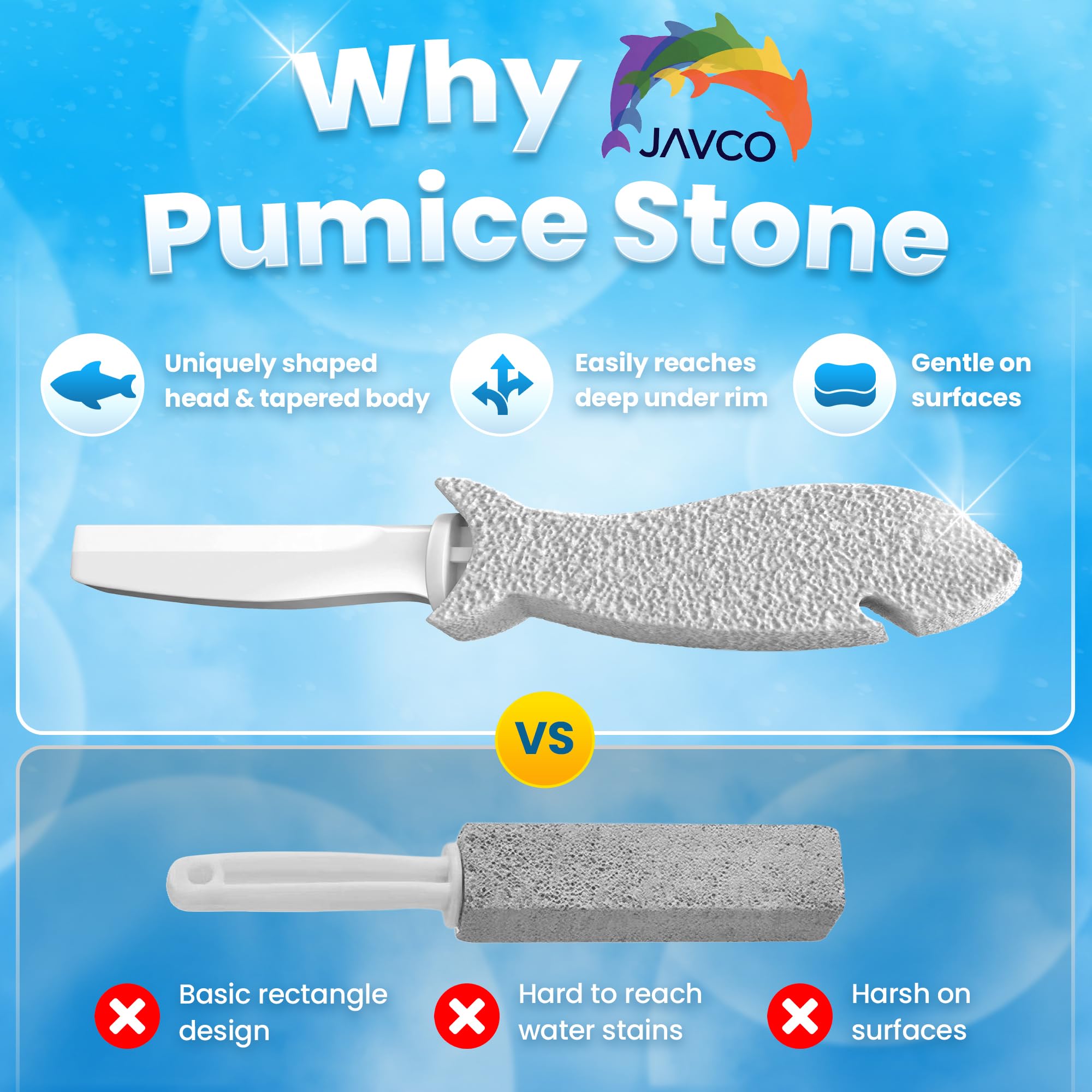 JAVCO Pumice Stone for Cleaning with Handle (2 Pack) - Scrubbing Stone for Porcelain, Ceramic and Tile, Pumiceshark for Toilet Cleaning (2, small