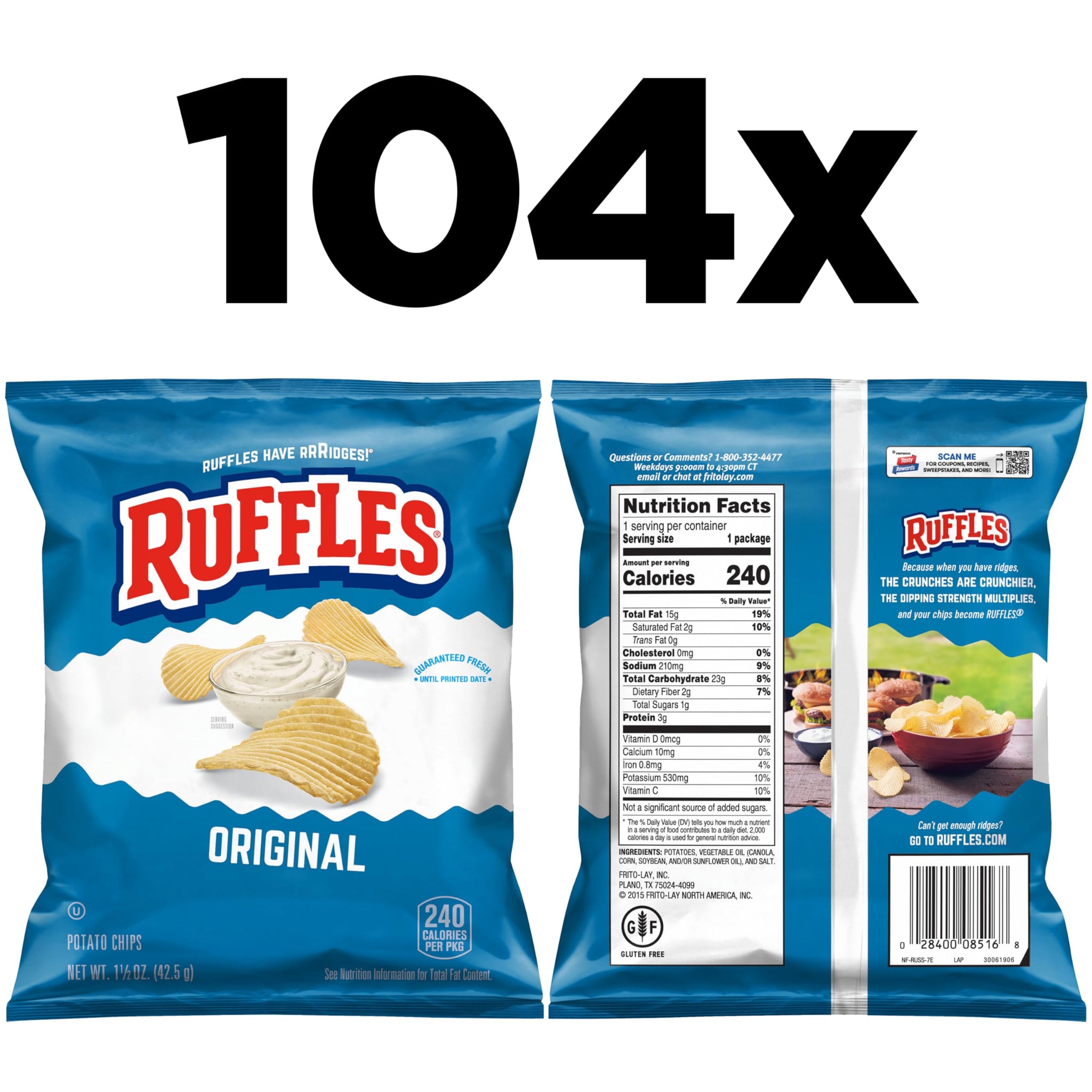Ruffles Potato Chips, Original, 1 Ounce (Pack of 104)