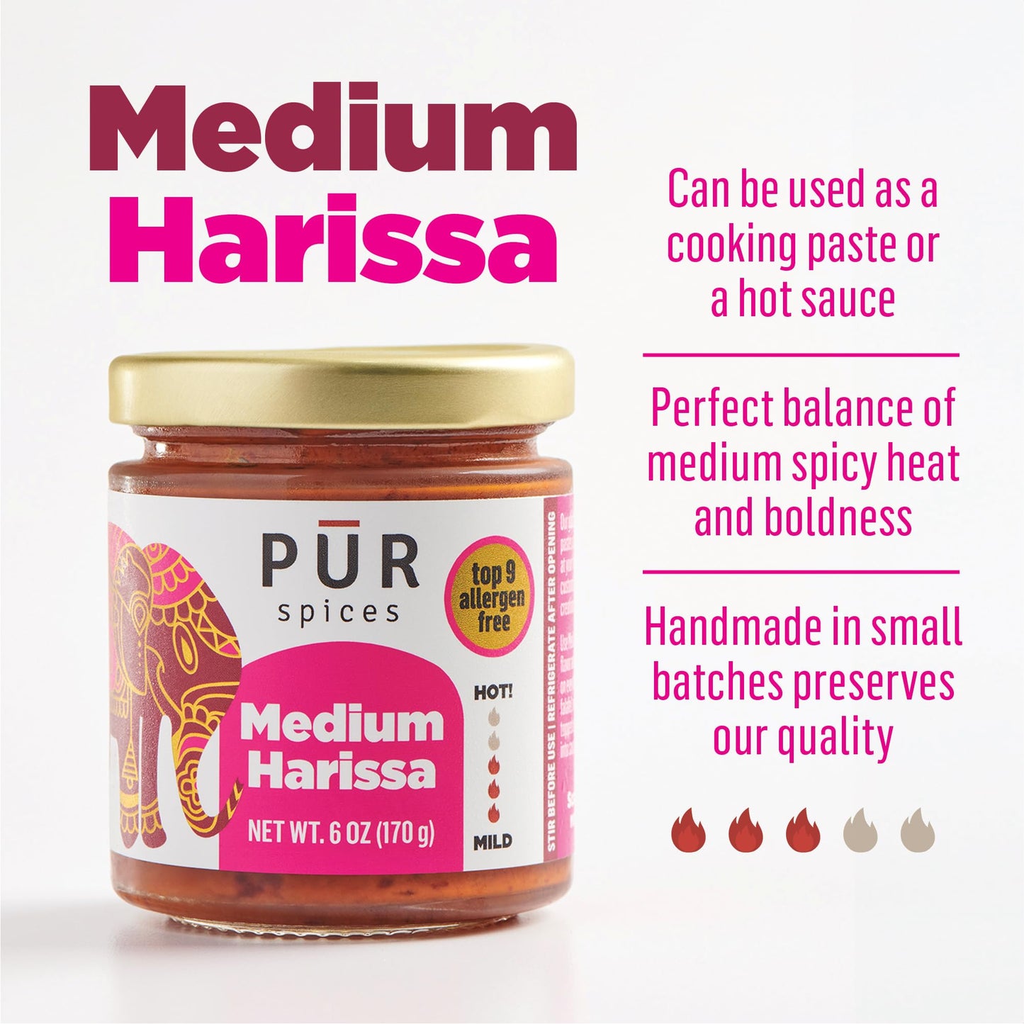 PUR Spices Medium Harissa Paste I Hot Sauce for Cooking and Dipping I Spicy Chili Pepper and Garlic Paste | Middle Eastern Inspired | Plant Based