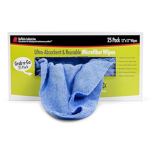Buffalo 65102 Microfiber Cloths Economy Cleaning Cloths, Dispenser Wipes Box, Blue,12" x 12", 25-Pack