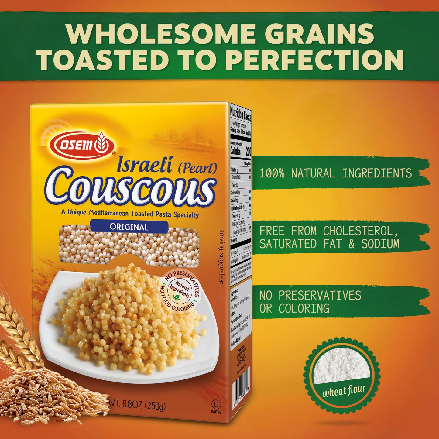 Osem Israeli Pearl Couscous - Wheat Couscous Pearls, Cous Cous, Pearled Mediterranean Pasta Alternative, Original Plain, Kosher Parve - 8.8 oz Box