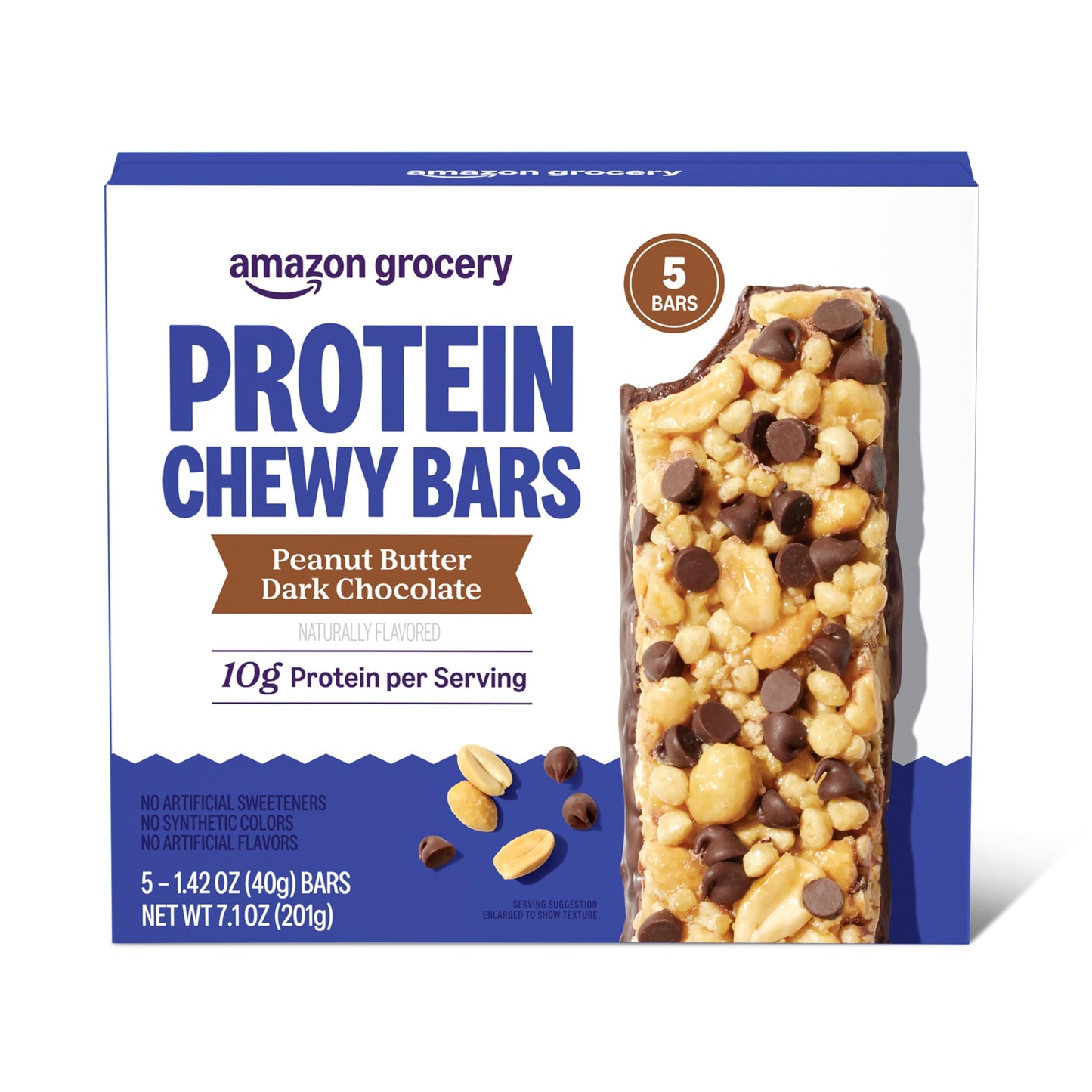 Amazon Grocery, Protein Chewy Bars, Peanut Butter Dark Chocolate Flavor, 7.1 Oz, 5 Ct