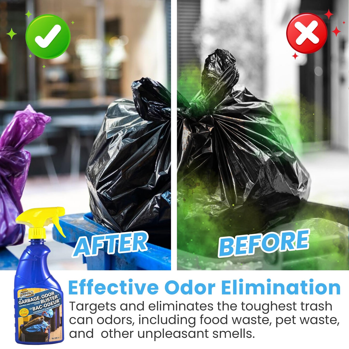 Trash Can Odor Eliminator Spray, weather-resistant formula, 500ml, controls and eliminates garbage bin odors indoors and outdoors, by Surf-Pro