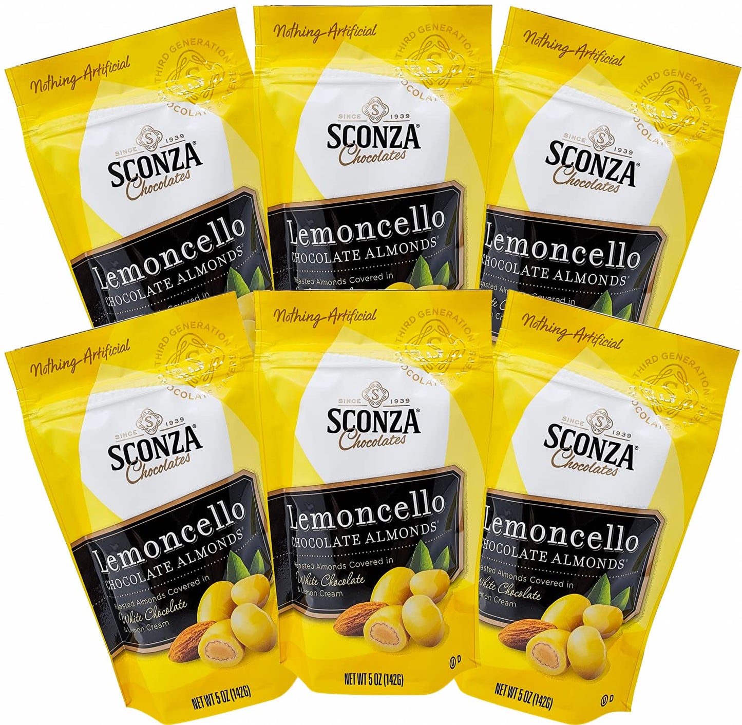 Lemoncello Chocolate Covered Almonds Brought to you by Nutic, Produced By Sconza - Roasted Almond Covered in White Chocolate and Lemon Creme Candy | 6