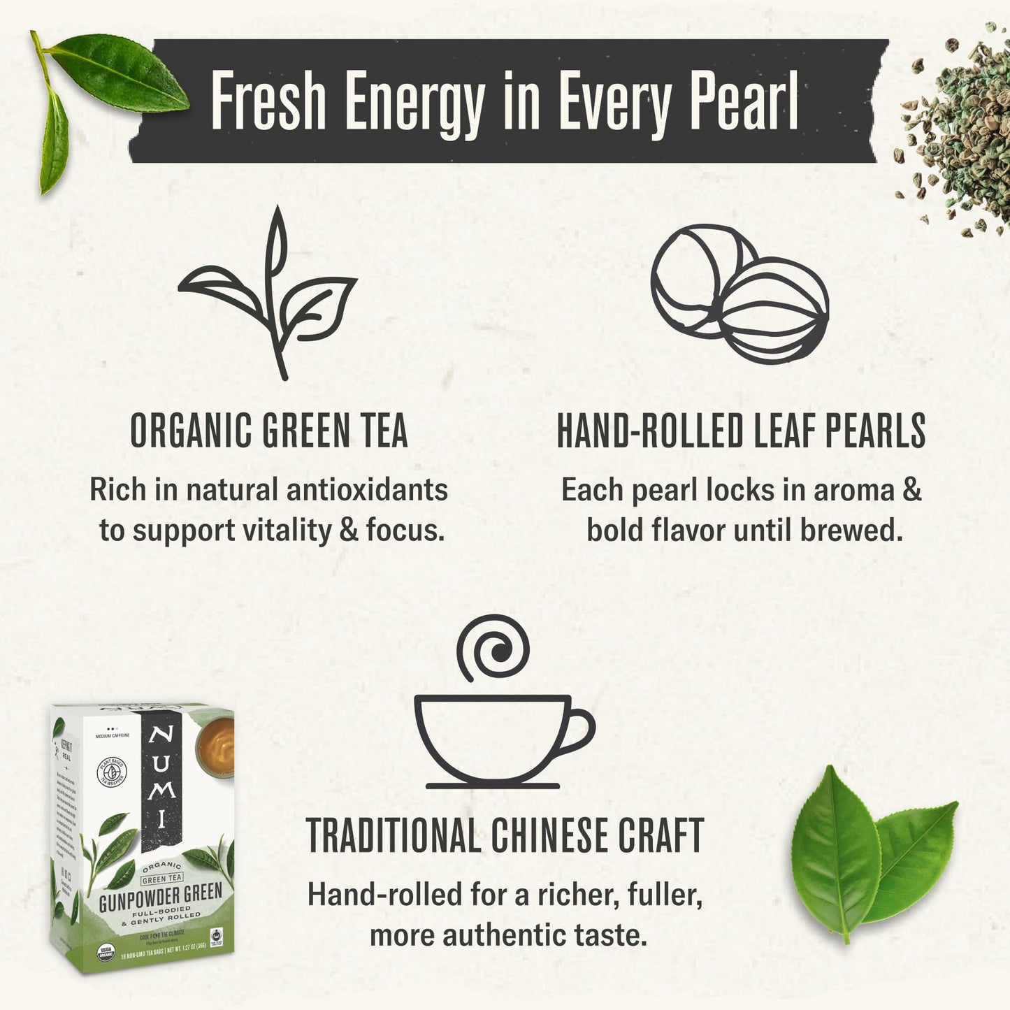 Numi Organic Gunpowder Green Tea, 100 Green Tea Bags, Full-Bodied & Gently Rolled
