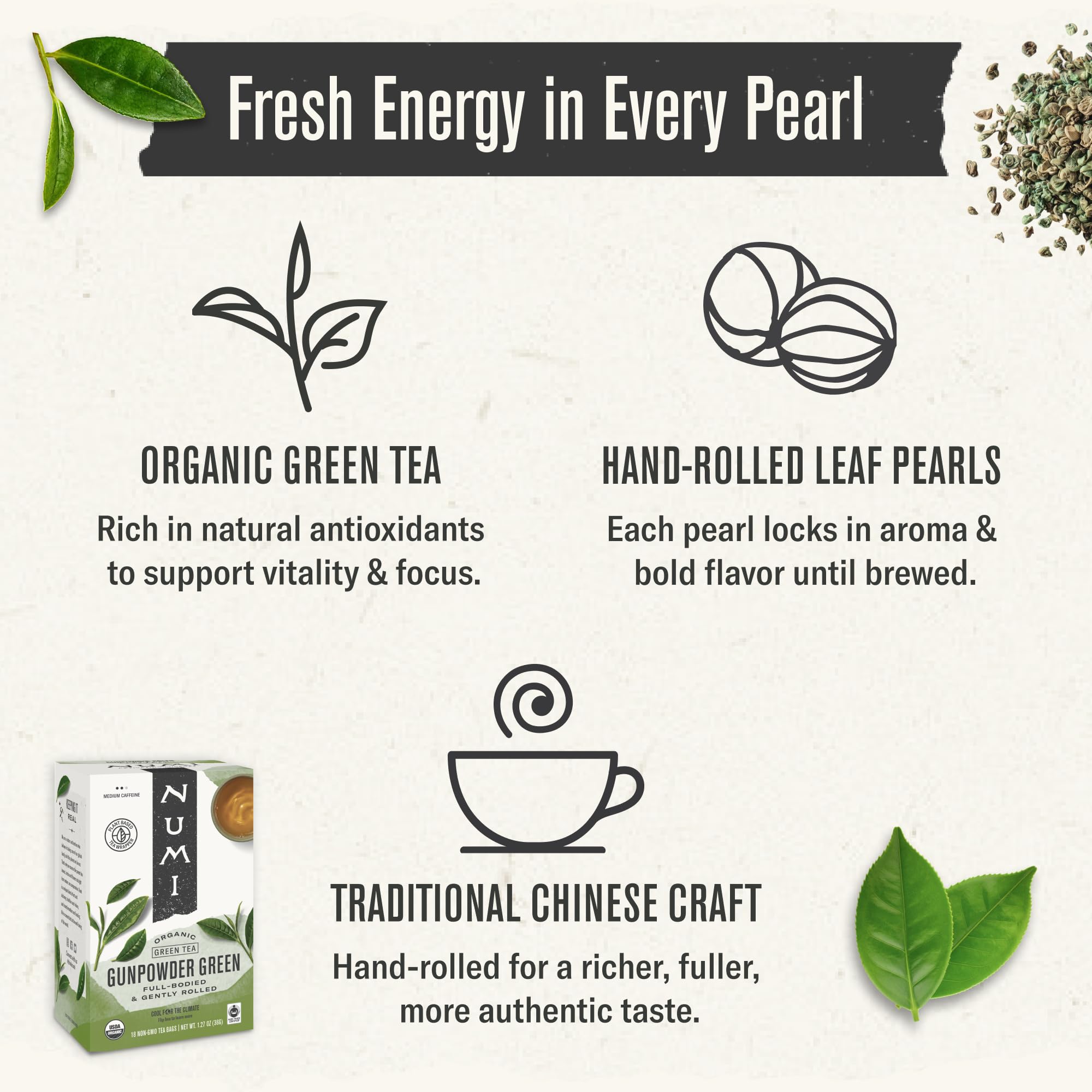 Numi Organic Gunpowder Green Tea, 100 Green Tea Bags, Full-Bodied & Gently Rolled