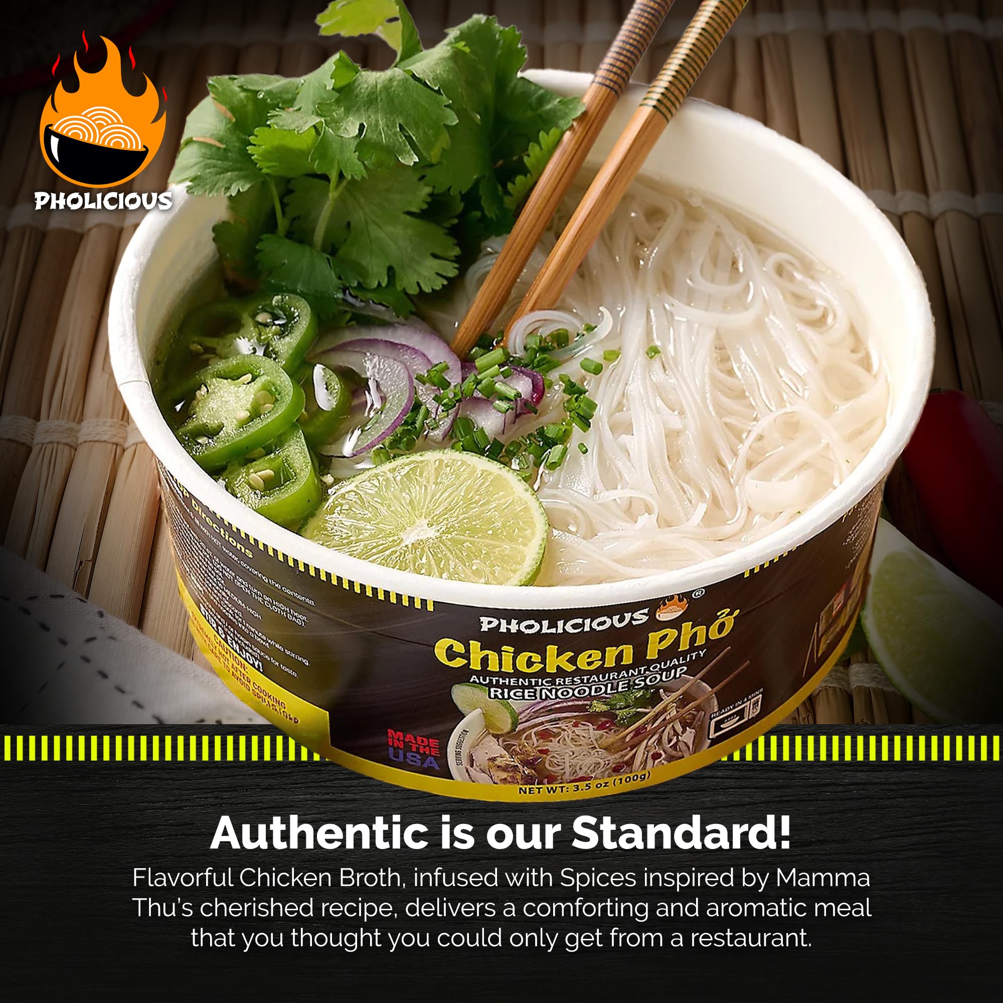 PhoLicious Instant Chicken Pho, Authentic Vietnamese Rice Noodle Soup Kit with Spices & Broth Mix, Ramen Noodles Alternative, Quick Microwave Meal