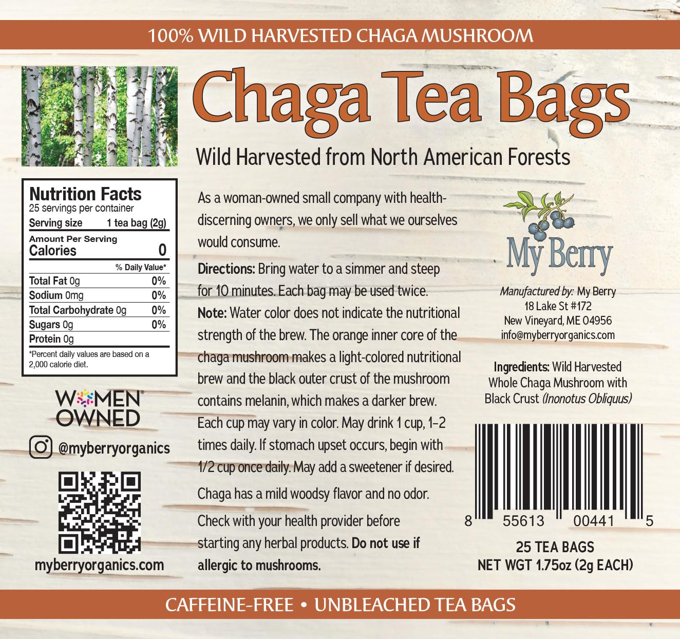Chaga Tea Bags by My Berry | 100% Canadian Wild-Harvested- NEVER Siberian | 100% Additive-Free Caffeine-Free Herbal Tea | 25 Bleach-Free Bags