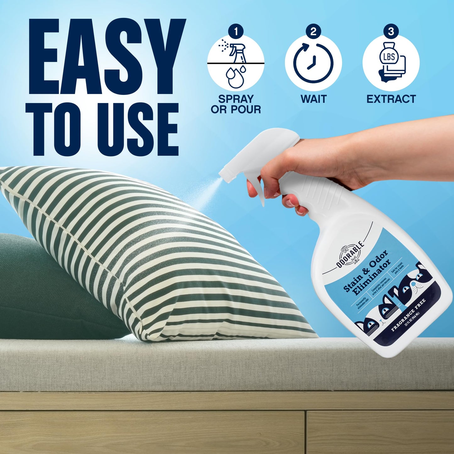 Odorable Stain & Odor Eliminator (32 oz) - Professional Cleaner for Pet Urine, Vomit & Feces, Safe on Carpet, Couch & Floor, Pet Stain Eliminator