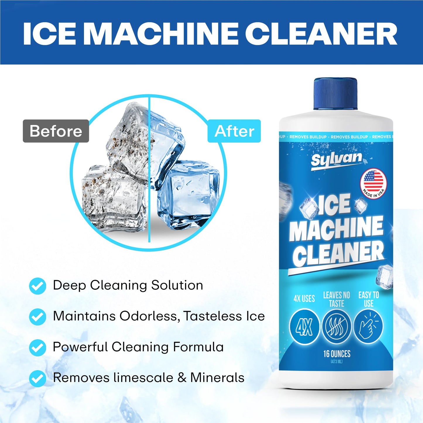 Sylvan Ice Machine Cleaner and Descaler | 2x 16 oz (8 uses) | Free Cloth | Made in USA | Nickel Safe Ice Maker Cleaner and Descaler | Universal
