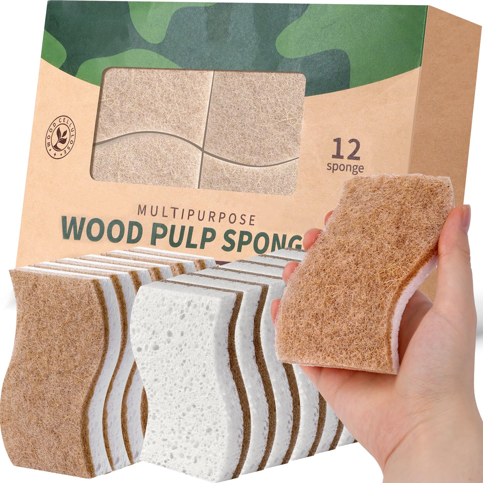 JiedHiur 12Pack Natural Kitchen Sponge, Biodegradable Cellulose and Coconut Scrubber, Eco Friendly Sponges for Dishes