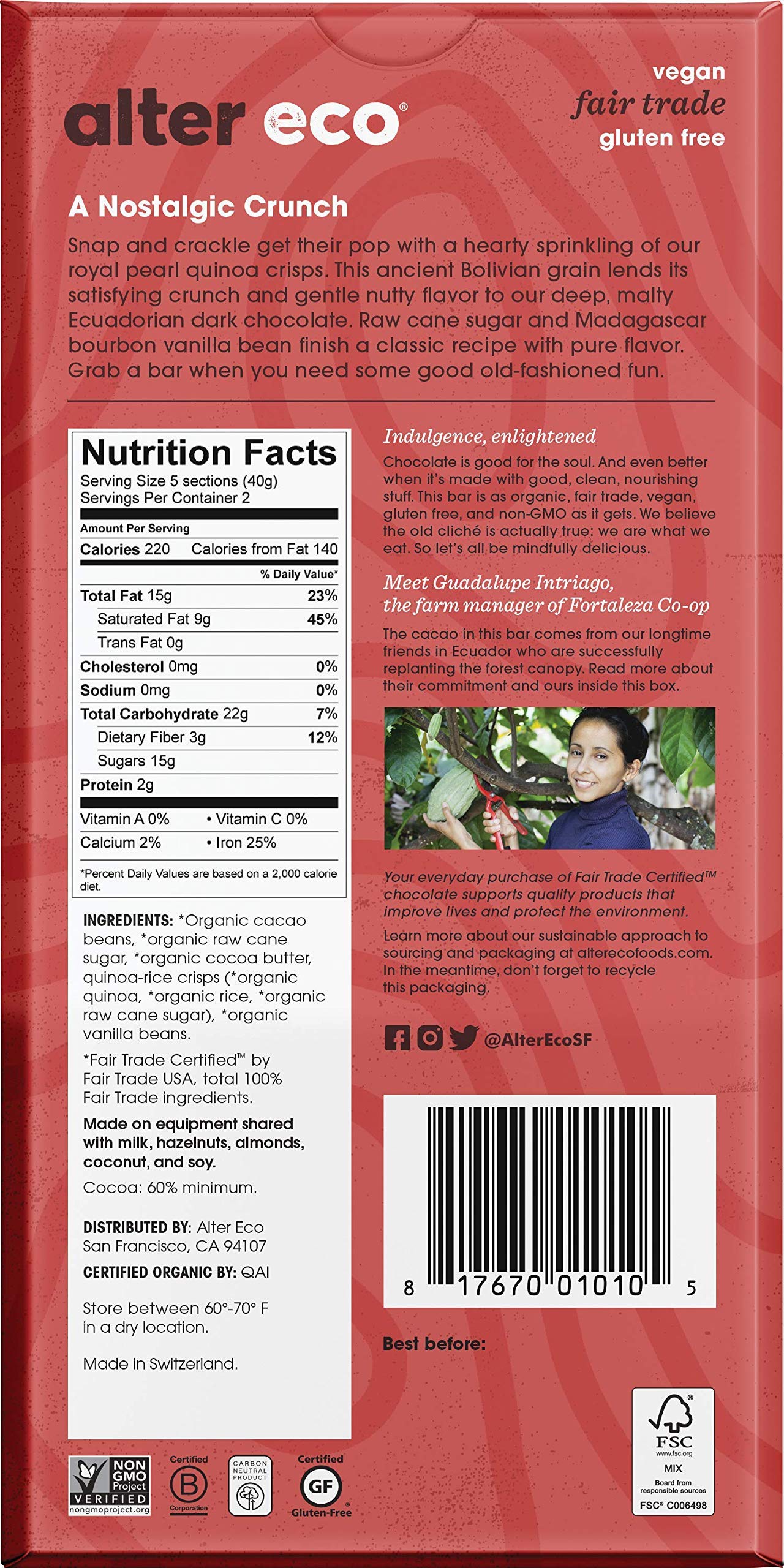 Alter Eco | Chocolate Bars | Pure Dark Cocoa, Fair Trade, Organic, Non-GMO, Gluten Free (12-Pack Dark Quinoa Crunch)