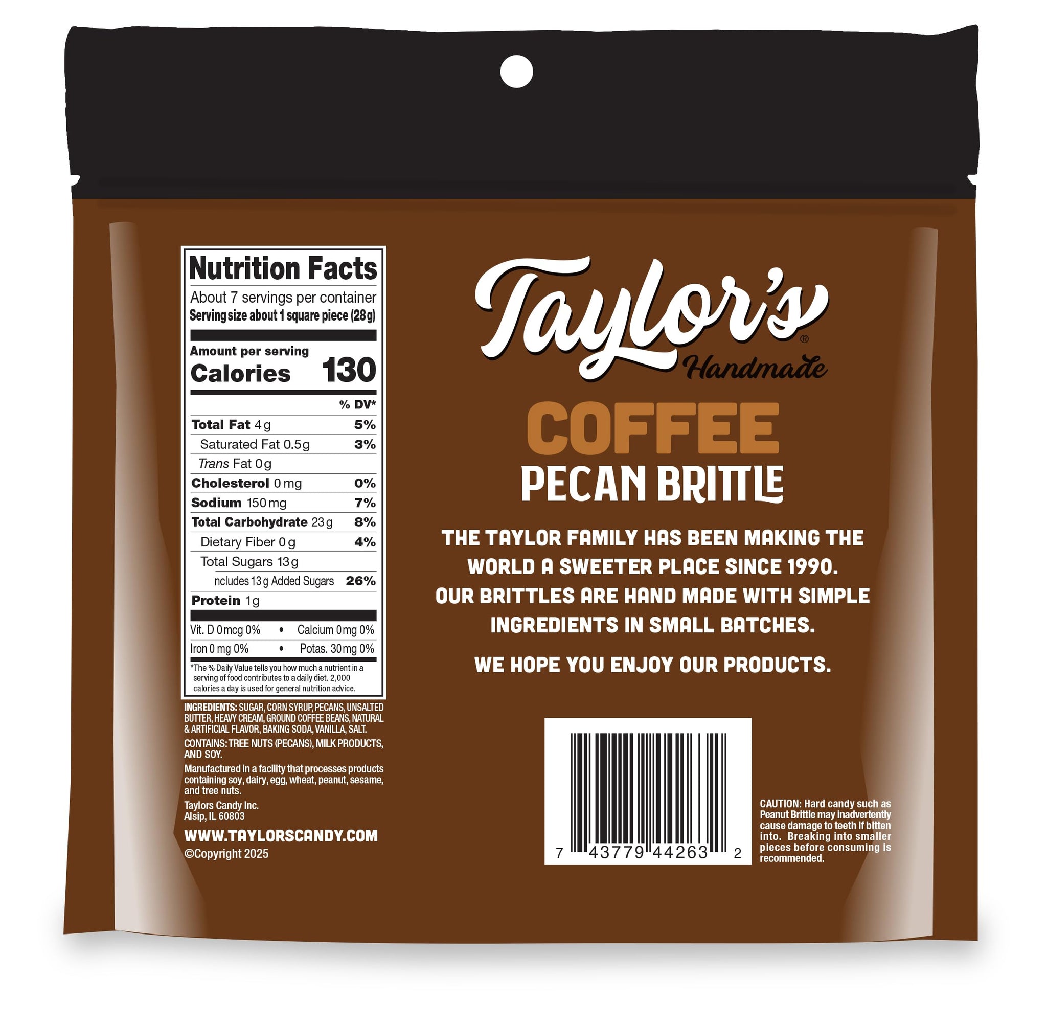Taylor's Handmade Coffee Pecan Brittle, Made with Pecans & Real Coffee, 7 oz, 3 Pack