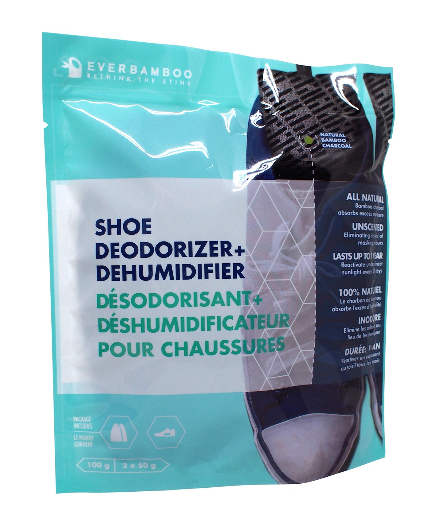 Ever Bamboo Shoe Deodorizer - Natural Bamboo Charcoal Odor Absorber, 2 x 50g. Single pack