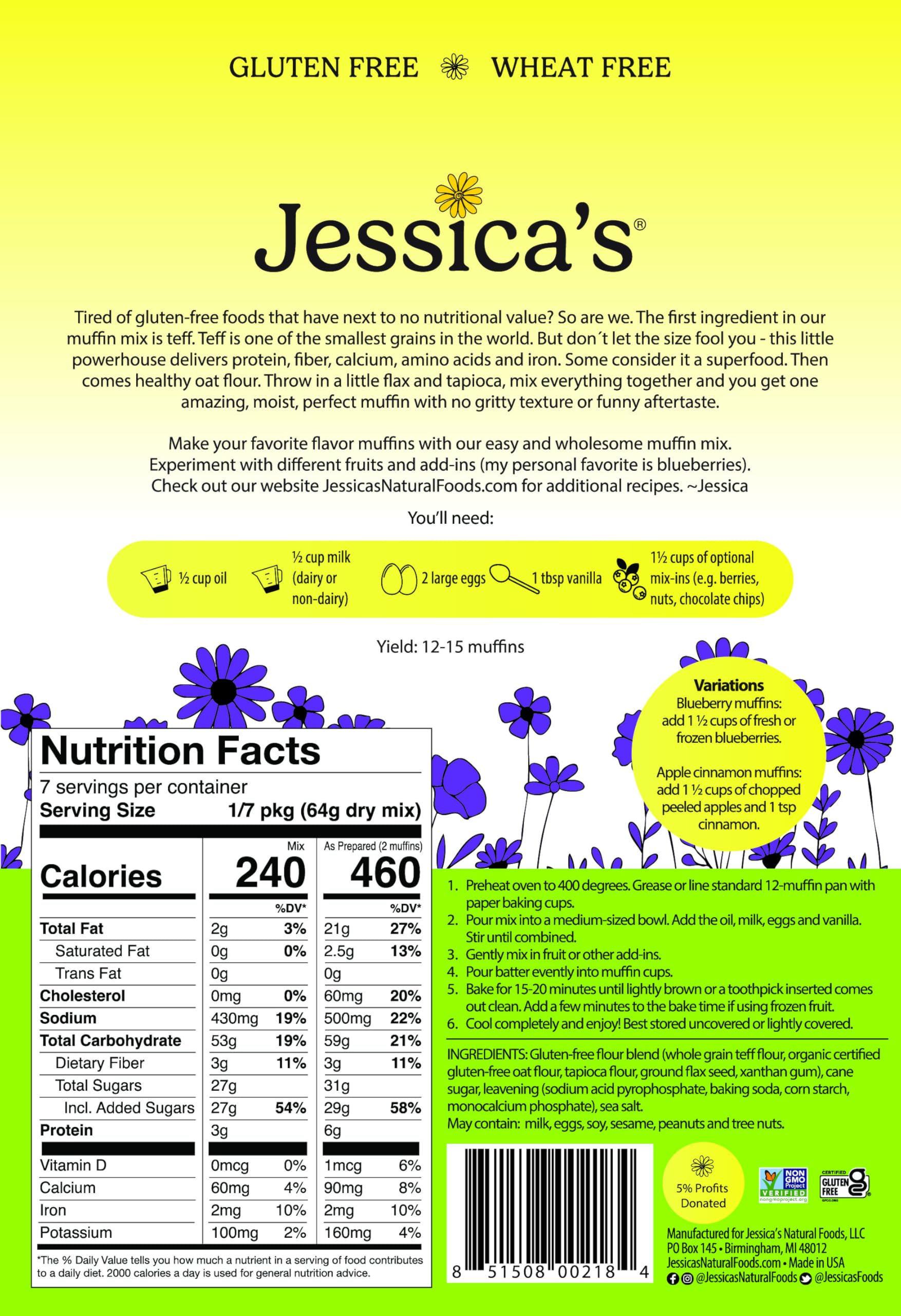 Jessica’s Natural Foods - Gluten-Free Muffin Mix Made with the Ancient-Grain Teff and Wholesome Oat Flour, Non-GMO, and Gluten Free. 3 Per Pack