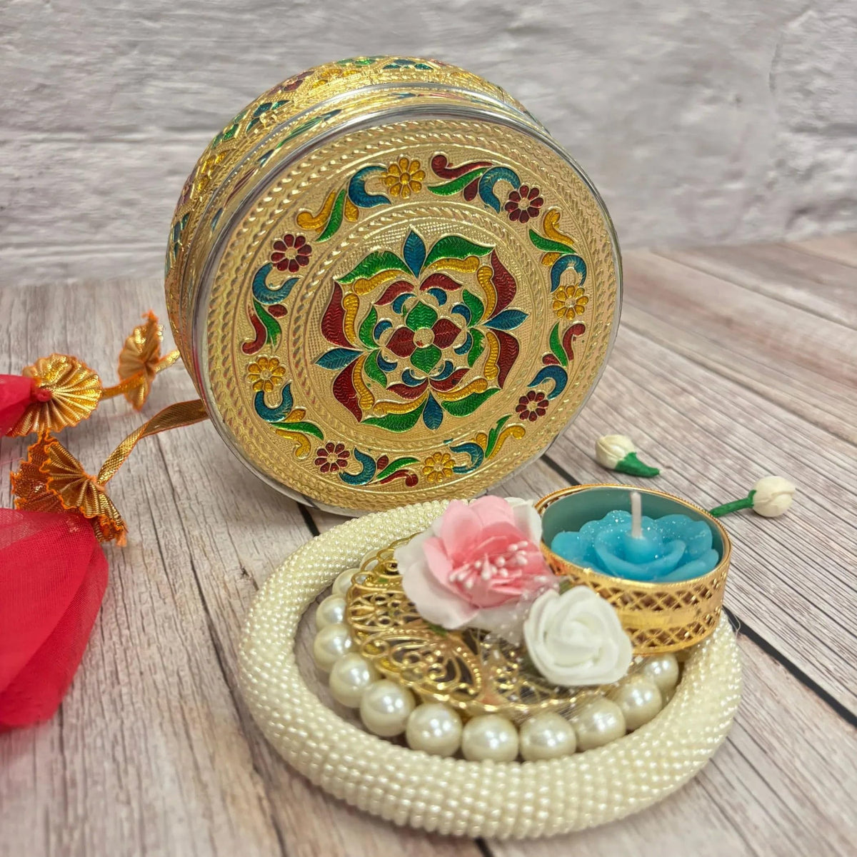 LoveNspire Diwali Gift Hamper with Meenakari Stainless Steel Sweet Box & Pearl Candle Holder for Diwali Pooja, Housewarming, Christmas & Festive