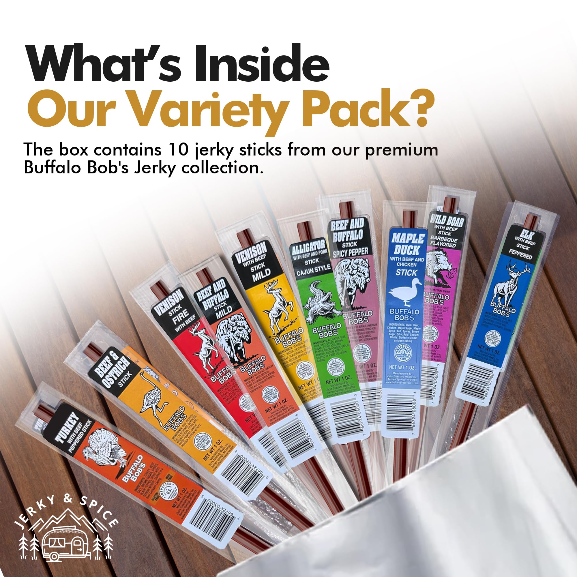 Jerky-n-Spice Wild Game Exotic Meat Sticks (10-Pack) | Ultimate Beef Jerky | Savory Snacks Variety Pack for Adults | Perfect Gifts for Anniversary