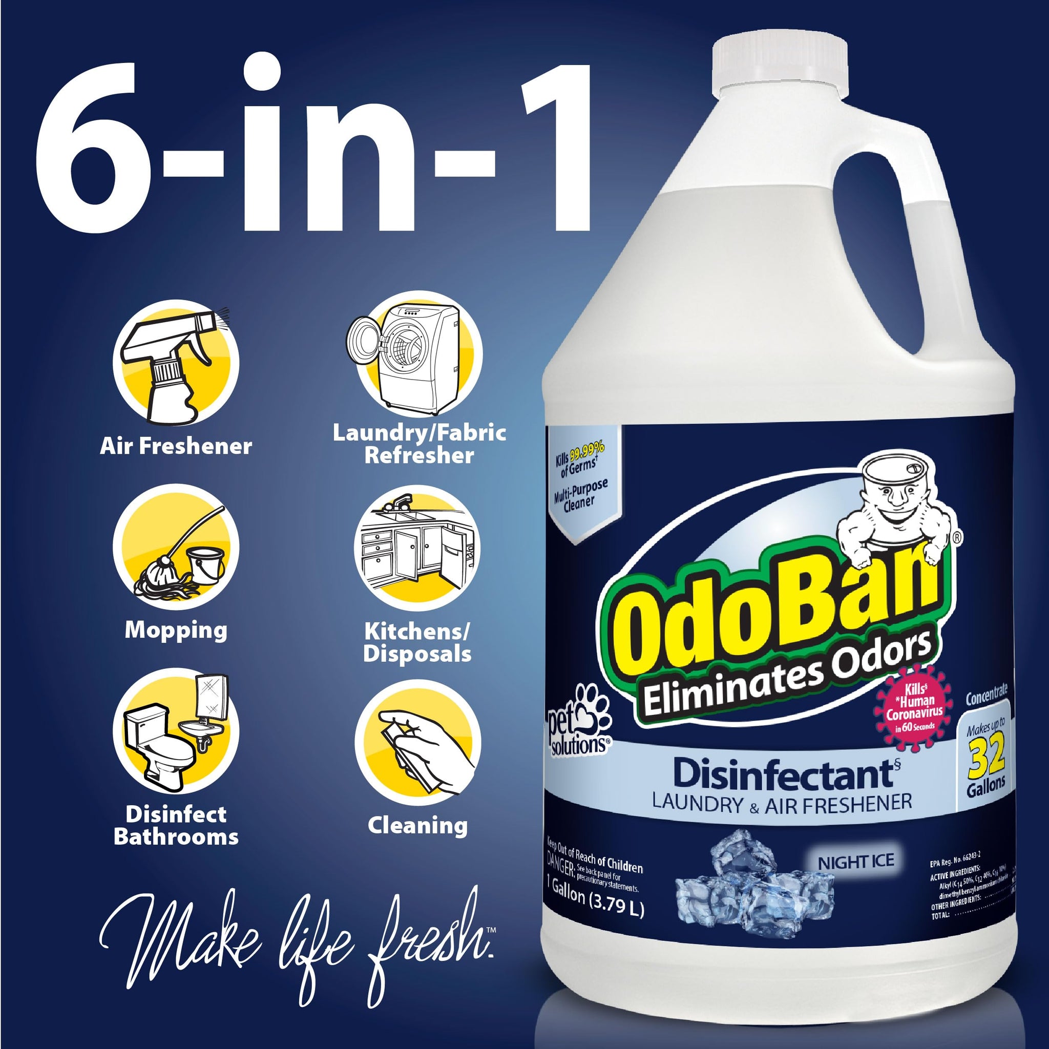 OdoBan Disinfectant Concentrate and Odor Eliminator, Made in the USA, Night Ice Scent, 2 Gallons