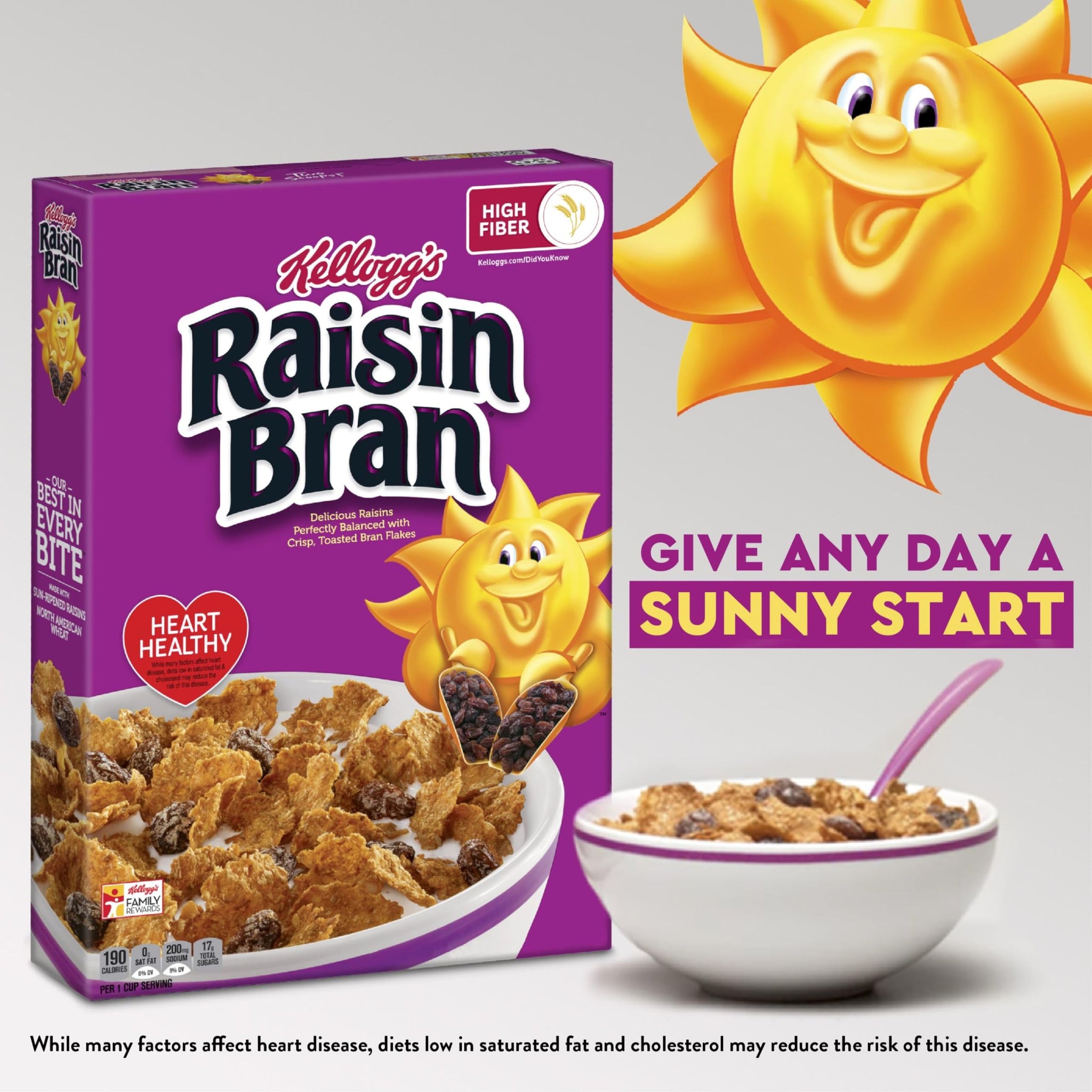 Kellogg's Raisin Bran Breakfast Cereal, High Fiber Cereal, Made with Real Fruit, Family Size, Original, 24oz Box (1 Box)