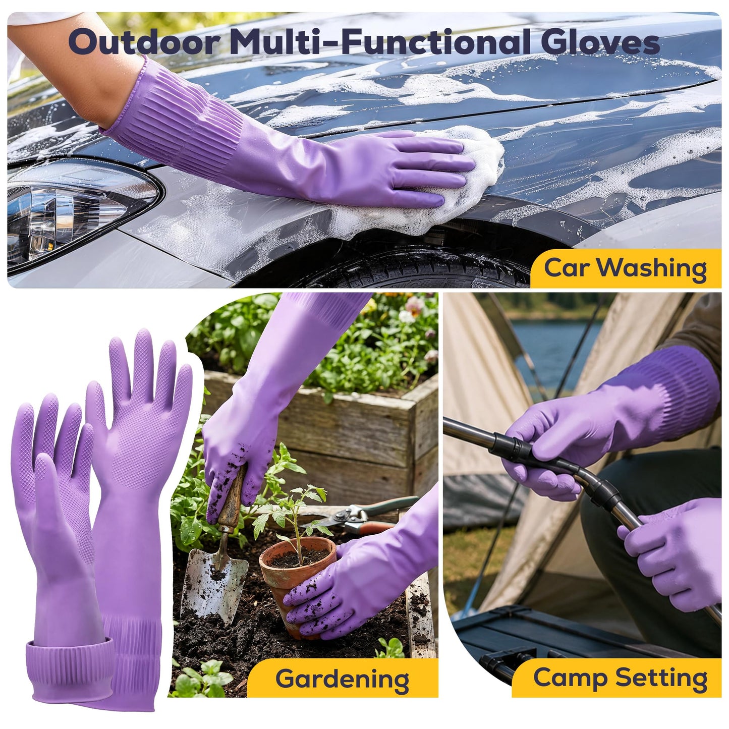 FMP Brands 3 Pairs Rubber Dishwashing Gloves-15'' Long Elastic Comfortable to Wear, Reinforced Non-Slip Design and Reusable for Household Cleaning