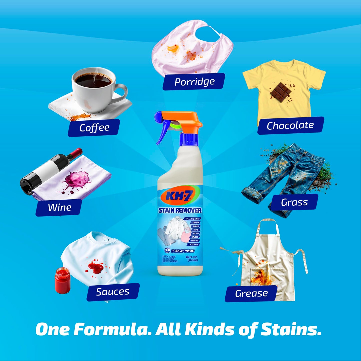 KH7 Stain Remover: Powerful Pre-Treatment for Tough Stains on Clothes. Removes All Types of Stains, Blood, Grass, Grease, Makeup and More, 26 oz