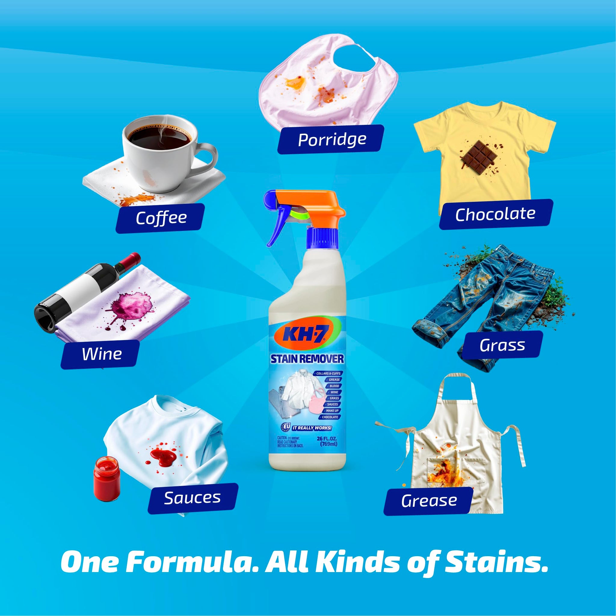 KH7 Stain Remover: Powerful Pre-Treatment for Tough Stains on Clothes. Removes All Types of Stains, Blood, Grass, Grease, Makeup and More, 26 oz