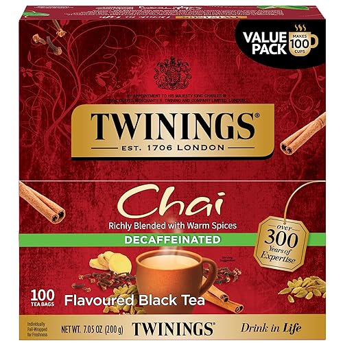 Twinings Decaffeinated Chai Individually Wrapped Bags, 100 Count (Pack of 1), Sweet, Savoury Spices, Enjoy Hot or Iced, 100 Teabags