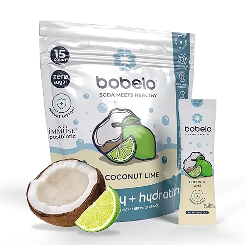 Bobelo Self Carbonating Hydration Packets - Coconut Lime Flavor (15ct) | Low Calorie Electrolyte Drink Mix | Keto Friendly, Sugar Free Water Enhancer