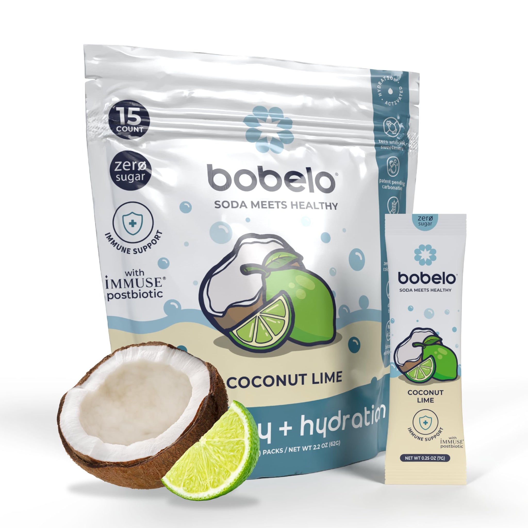 Bobelo Self Carbonating Hydration Packets - Coconut Lime Flavor (15ct) | Low Calorie Electrolyte Drink Mix | Keto Friendly, Sugar Free Water Enhancer