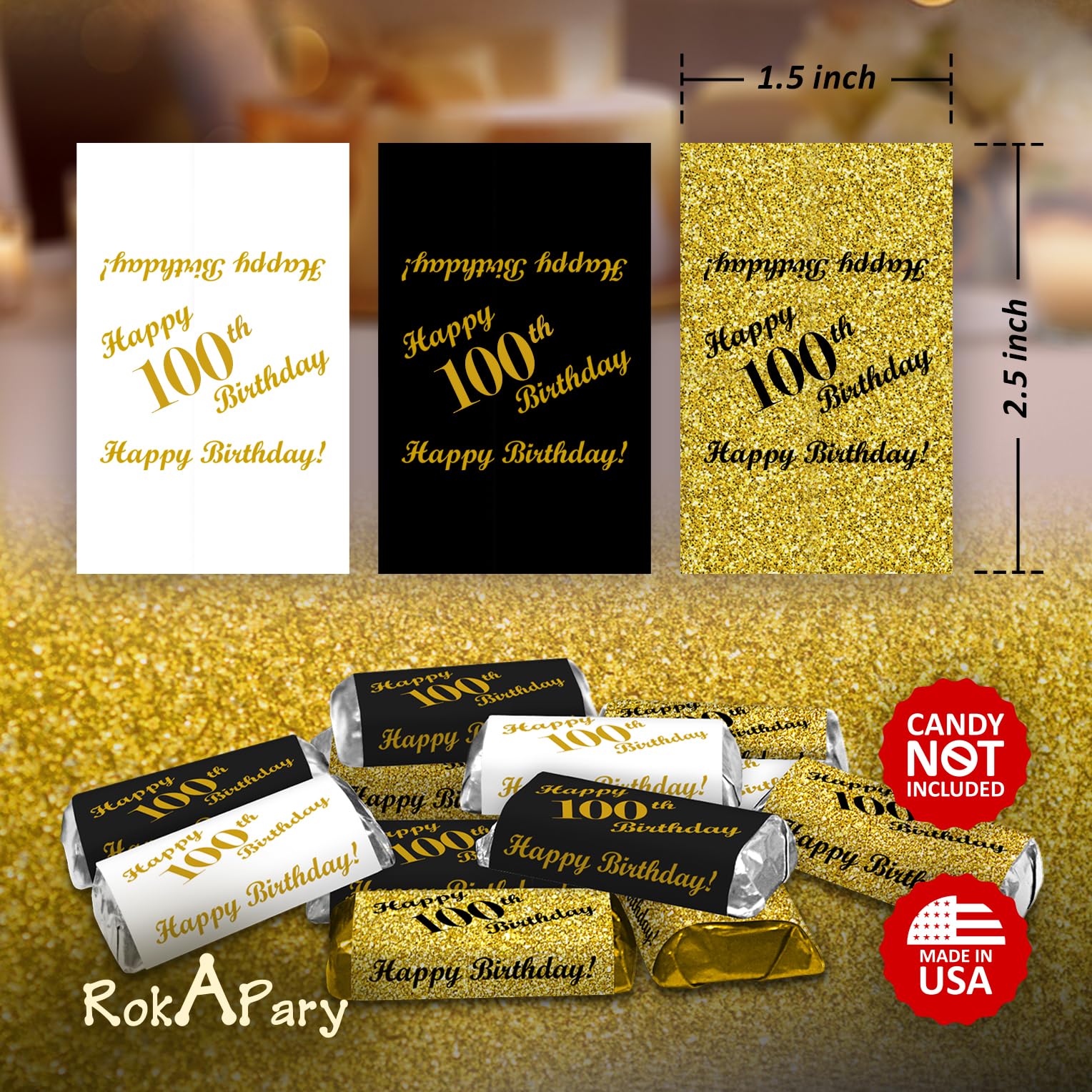 100th Birthday Miniatures Candy Bar Wrapper, (Set of 60) Mini Candy Bar Stickers; 3 Designs: 24 Gold, 24 Black, 12 White, Candy Not Included. Made in