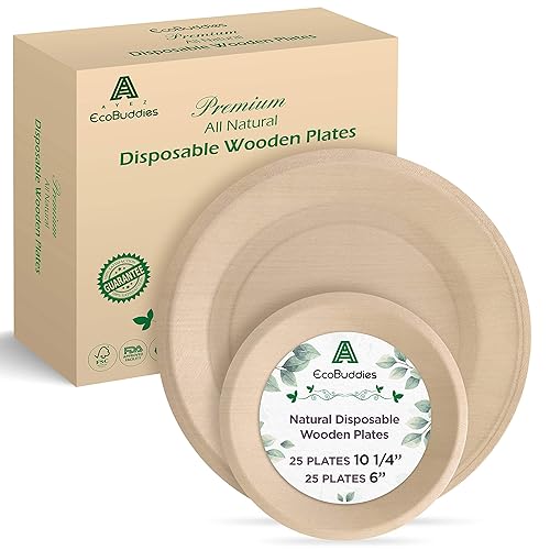 Disposable Wooden Plates Set of 50 - 100% Poplar Wood Dinner & Dessert Plates for Parties, Weddings, Camping - Smooth, Durable, Biodegradable, Dye