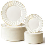 Stock Your Home 60 Pack - Elegant Ivory & Gold Scalloped Plastic Plates - Heavy-Duty Disposable Cream Plates with Gold Rim for Thanksgiving, Holidays