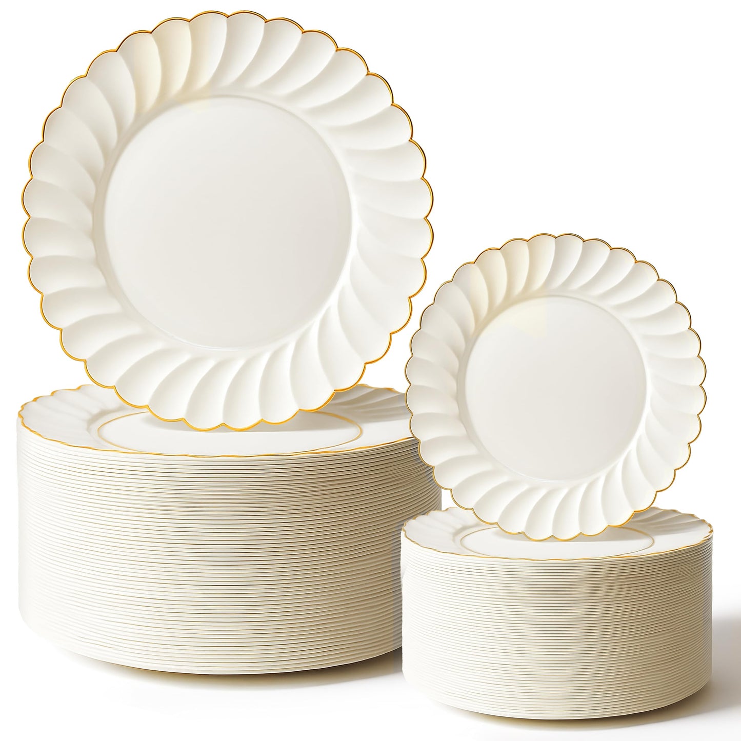 Stock Your Home 60 Pack - Elegant Ivory & Gold Scalloped Plastic Plates - Heavy-Duty Disposable Cream Plates with Gold Rim for Thanksgiving, Holidays
