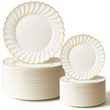Stock Your Home 60 Pack - Elegant Ivory & Gold Scalloped Plastic Plates - Heavy-Duty Disposable Cream Plates with Gold Rim for Thanksgiving, Holidays