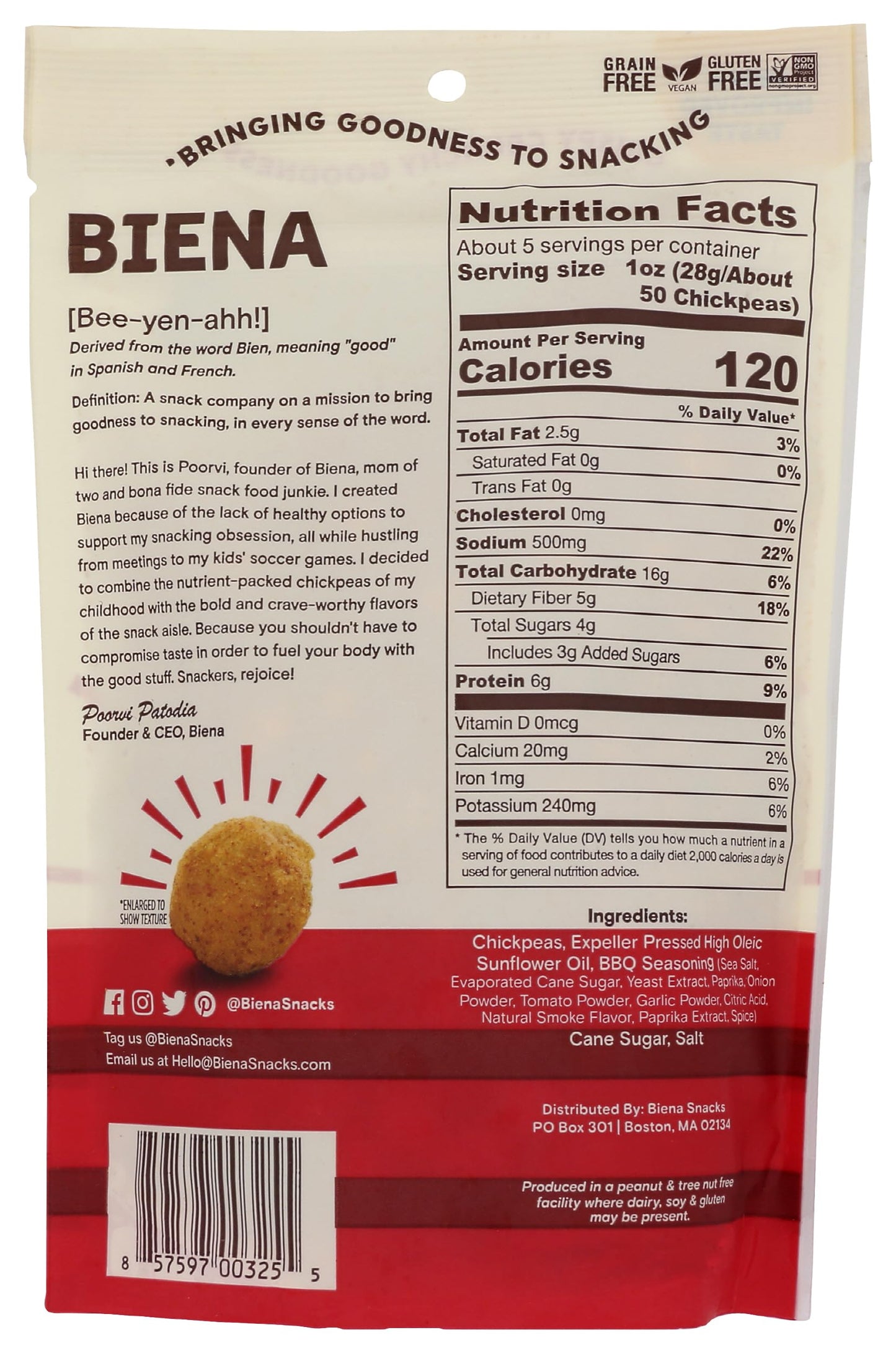 BIENA Chickpea Snacks - Crunchy Roasted Chickpeas - High Fiber Vegan Protein Snacks for Adults and Kids - 5 Ounce Individual Pack - Barbecue