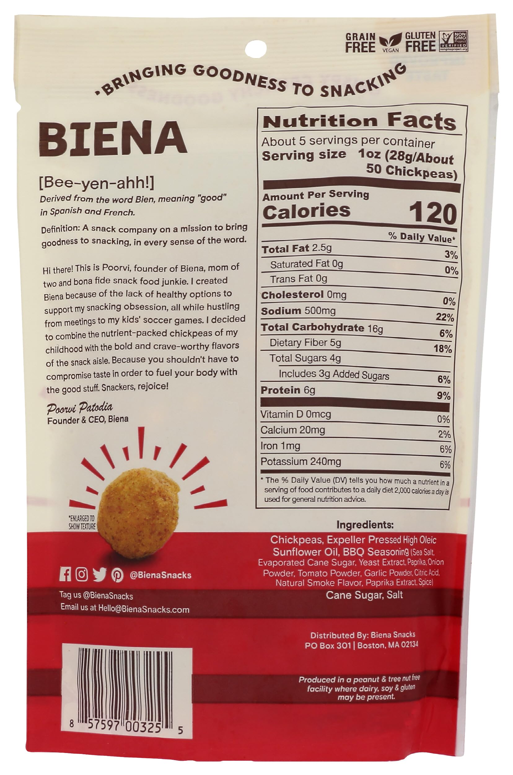 BIENA Chickpea Snacks - Crunchy Roasted Chickpeas - High Fiber Vegan Protein Snacks for Adults and Kids - 5 Ounce Individual Pack - Barbecue