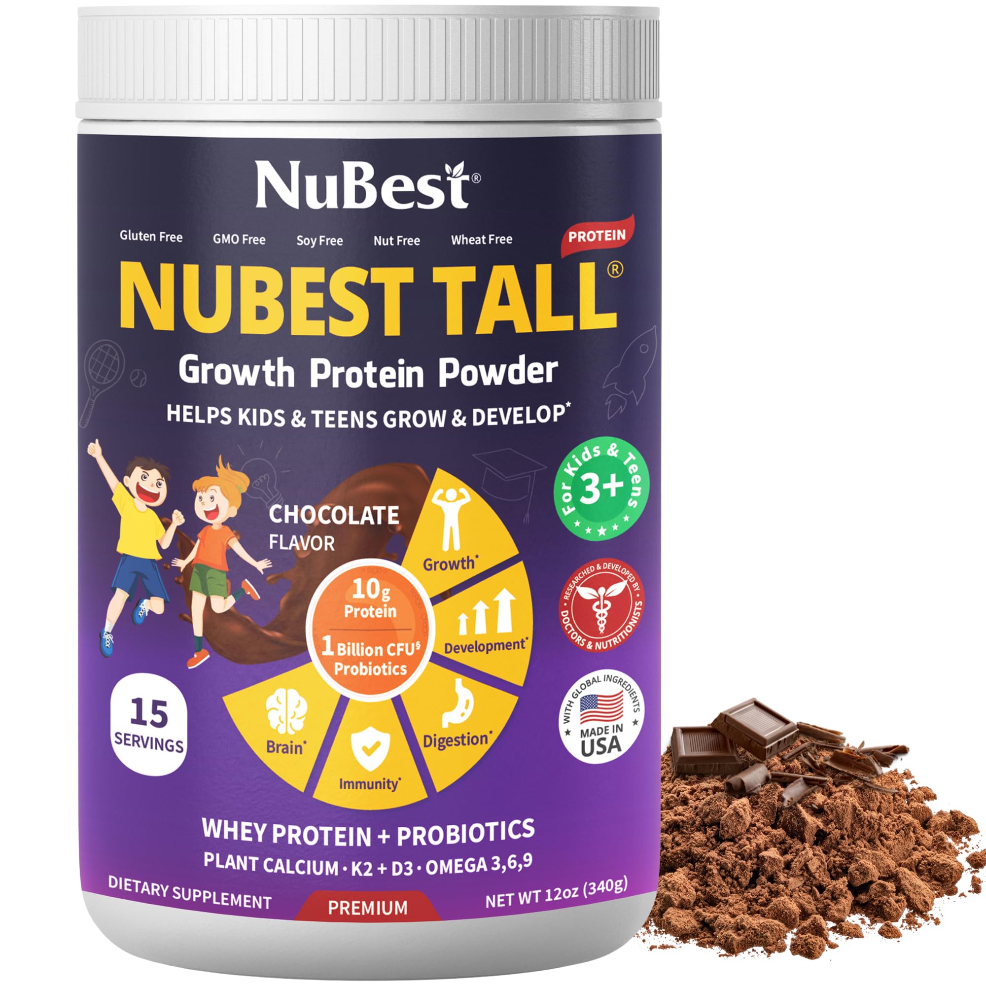 NuBest Tall Protein Powder for Kids & Teens - Whey Protein Powder - Chocolate Protein Powder Shake with Probiotics, Omega 3-6-9, Vitamin D3 + K2