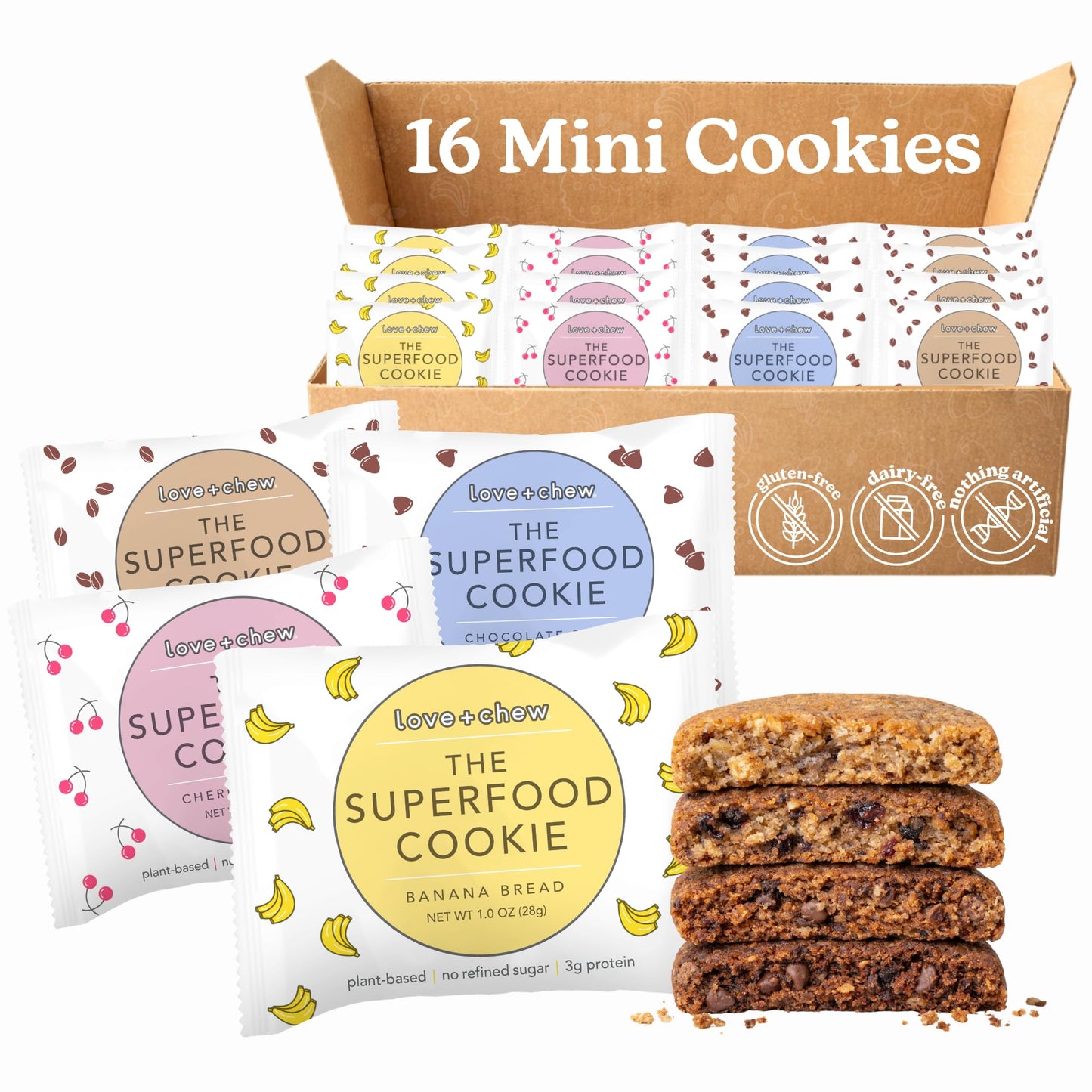 Love + Chew Mini Vegan Cookies, Gluten Free, 3-4g Plant Based Protein Per Cookie, Healthy Snacks for Adults and Kids, Individually Wrapped Cookies