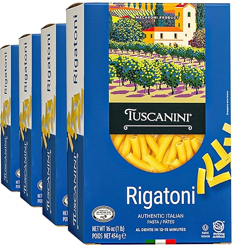 Tuscanini Authentic Italian Rigatoni Pasta 16oz (4 Pack) Made with Premium Durum Wheat, Done in 12-15 Minutes