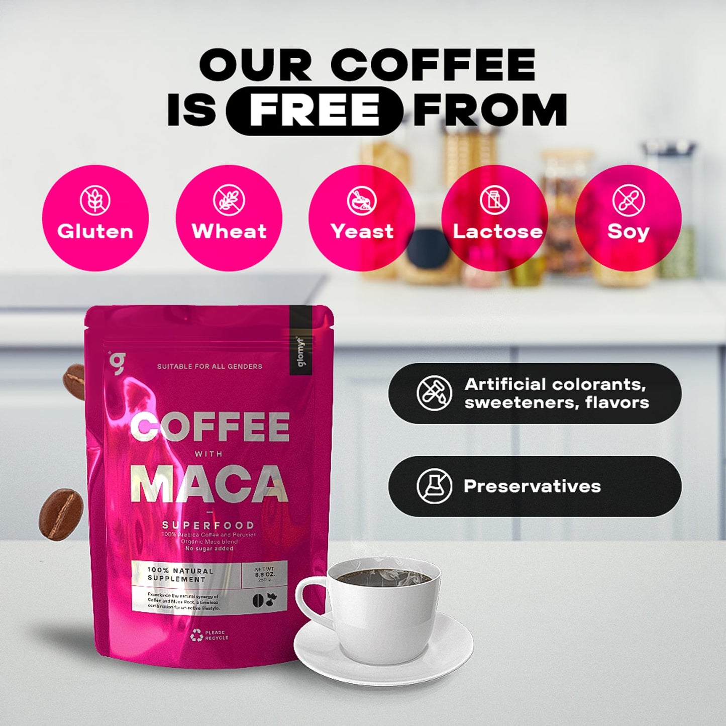 Ground Coffee with Peruvian Root Maca | Adaptogenic Energy Boost | Hormone Balance & Mood Support | Filtered Medium-Dark Roast | 250g - Glomyt Coffee